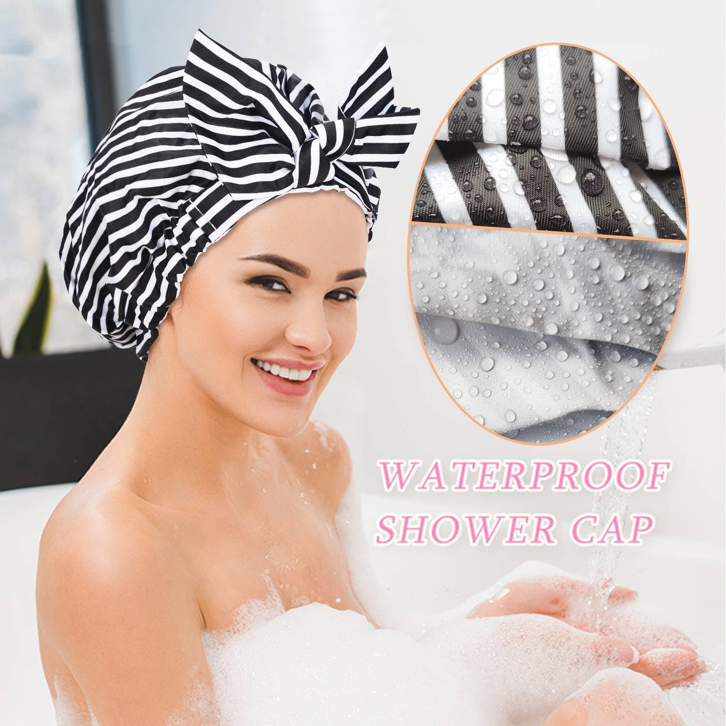 Luvruitaky Shower Cap Luxury Shower Caps for Women Reusable Waterproof Hair Cap for Shower with Adjustable Bowknot Hair Bath Cap (Black Stripe)