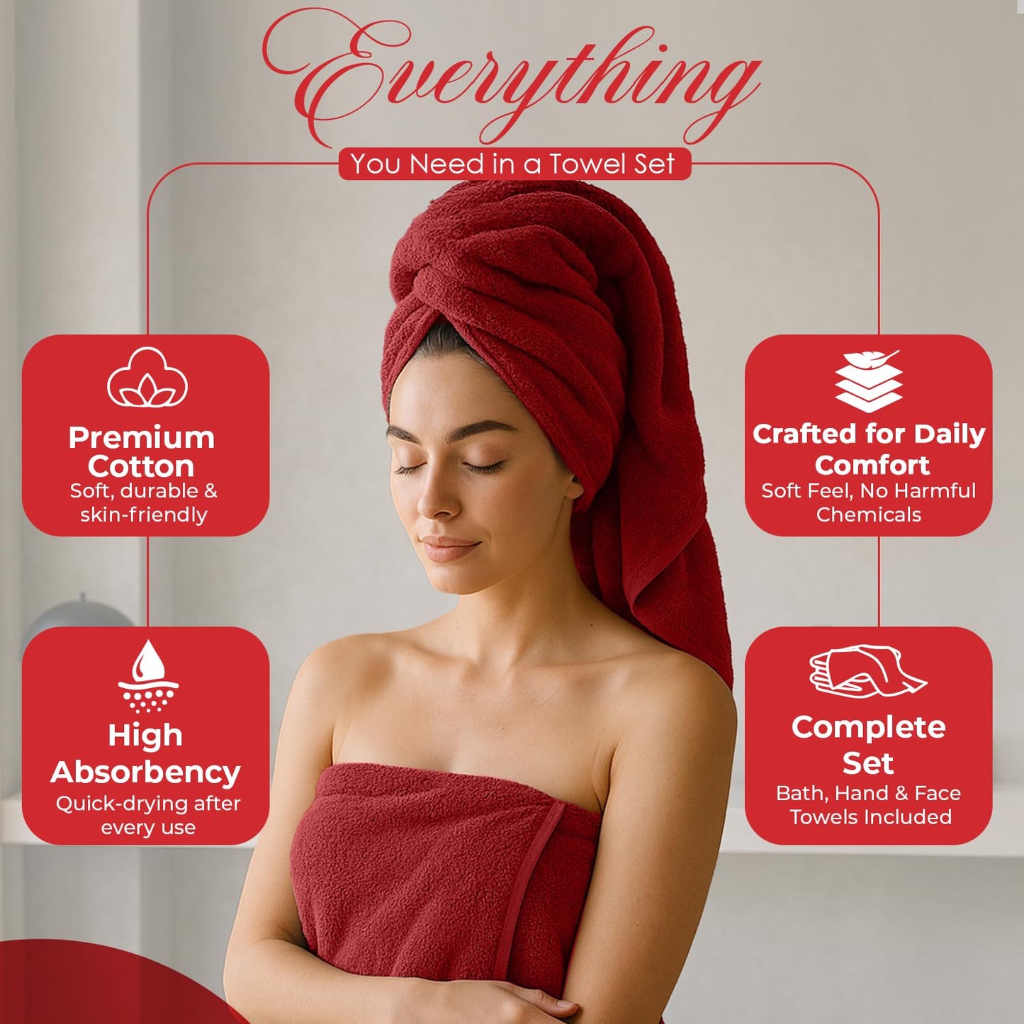 RIVERSIDE Pack of 8 Towels Set, 2 Large Bath, 2 Hand, 4 Face Washcloths, 100% Cotton Hotel Quality, Super Soft, Quick Dry, Highly Absorbent Perfect for Bathroom, Red