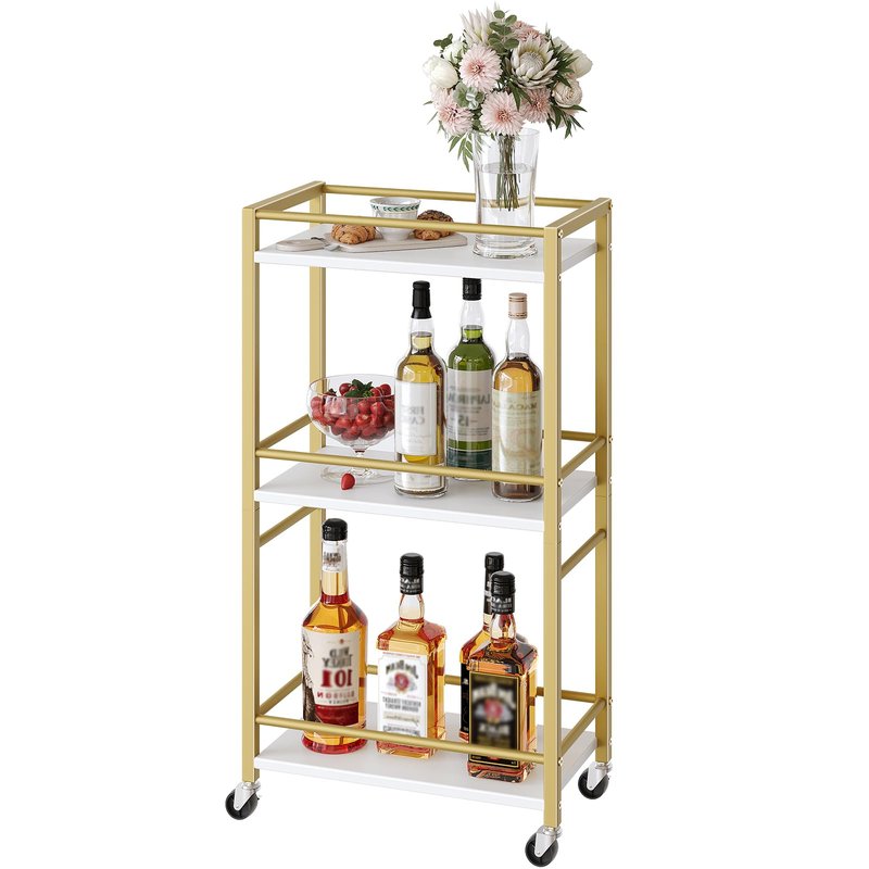 MAHANCRIS Bar Cart for The Home, 3-Tier Drink Cart on Wheels, Home Bar Serving Cart, Mini Bar Cart for Small Space, Rolling Kitchen Carts for Bar, Kitchen, Dining Room, Gold RCJW4001
