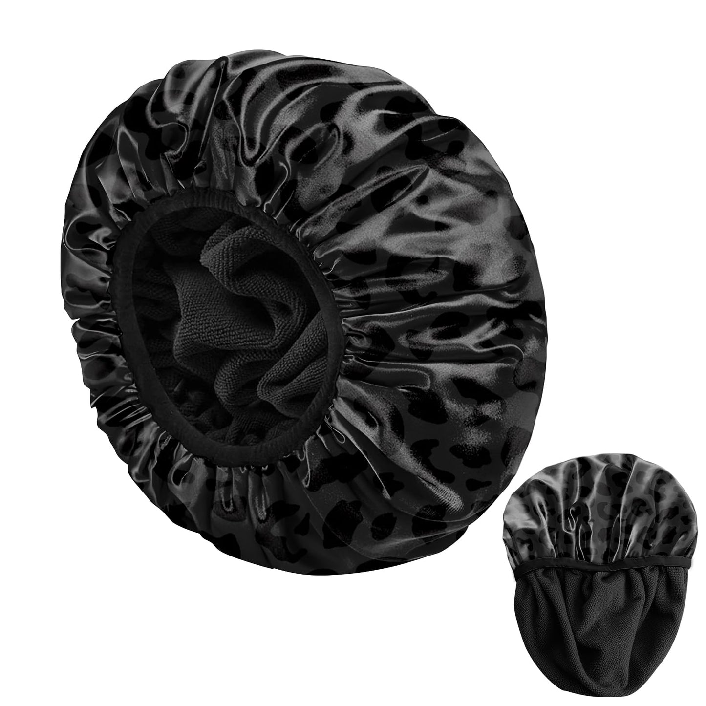 BHAHB Luxury Shower Cap Reusable Terry Cloth Lined EVA Triple Waterproof Layer Elastic Hair Bath Caps for Women Girls Cute-Black Leopard