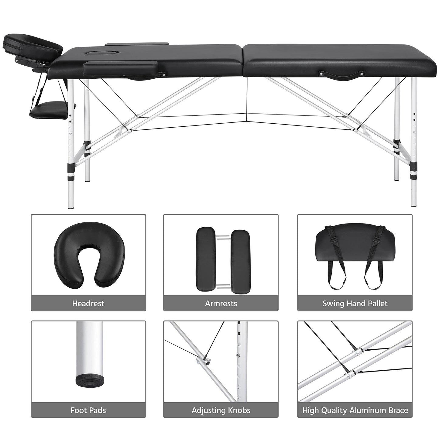 Yaheetech Massage Tables Portable Massage Bed Aluminium Height Adjustable Facial Salon Tattoo Bed with Non-Woven Bag, 22 inch Width Black