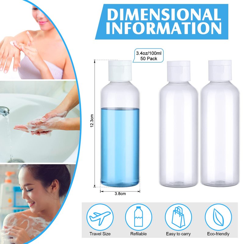 Eccliy 100 Pcs 3.4oz Travel Bottles for Toiletries TSA Approved Leakproof Plastic Empty 100 ml Small Squeeze Bottle Bulk Clear Refillable Shampoo Container for Liquids Cream Cosmetic Shampoo(Clear)