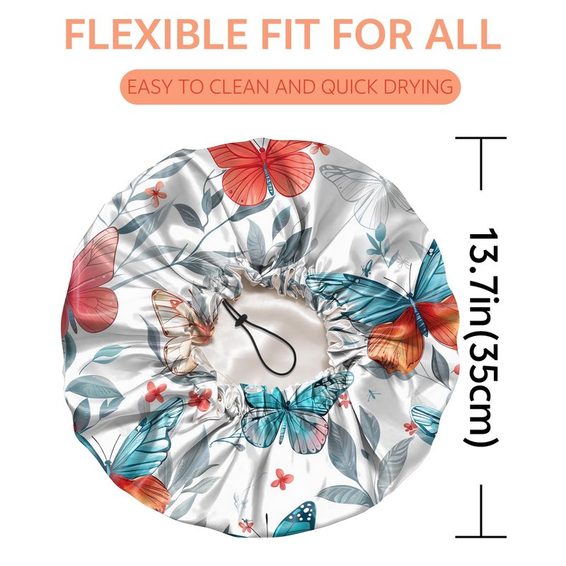 BHAHB Shower Cap Reusable Double Layer Adjustable Elastic Waterproof EVA Hair Bath Caps for Women Girls Cute Aesthetic-Butterfly