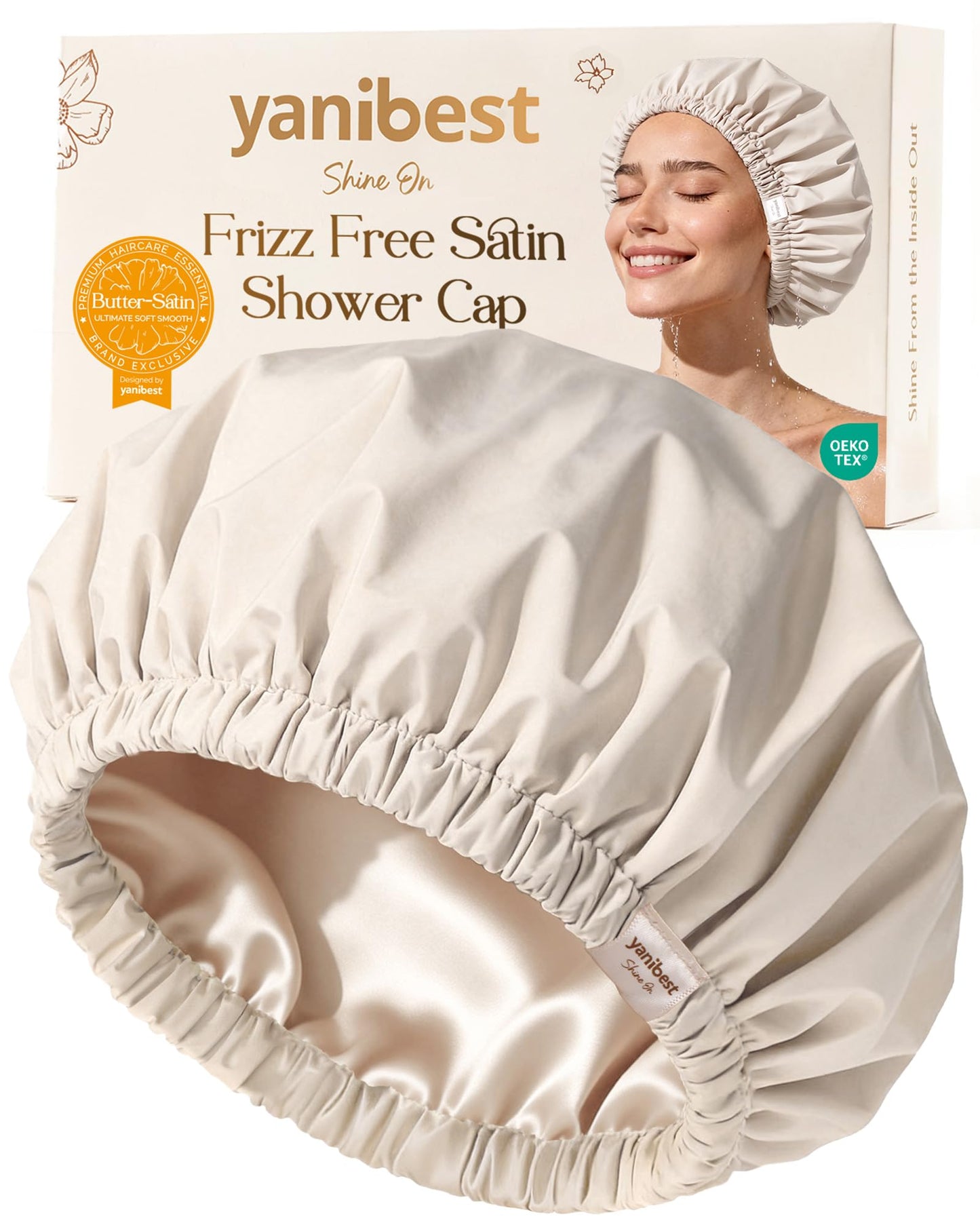 Yanibest Satin Lined Shower Cap for Women Reusable Waterproof, Frizz Free & Large Bath Cap with Soft Elastic Band, Luxury Hair Protection Caps (Beige)