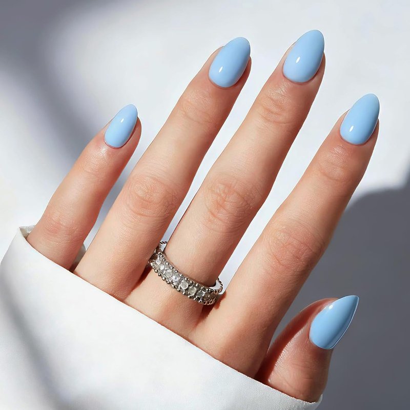 Modelones Blue Oval Press-On Nails Kit - 32 Pcs with Glue, Adhesive Tabs & Nail File | Perfect Spring Gift for Women