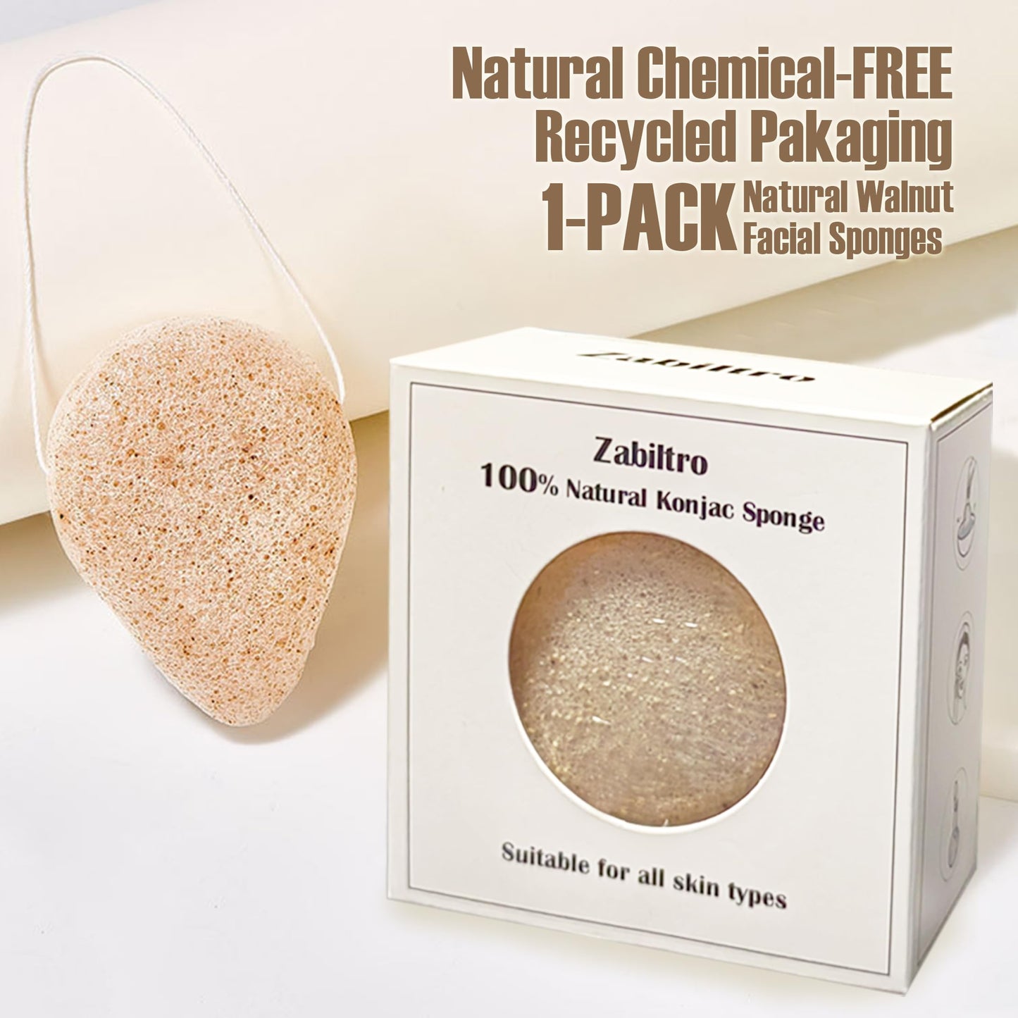 Zabiltro Natural Walnut Konjac Facial Sponges - Waterdrop- for Gentle Face Cleansing and Exfoliation Eco-Friendly - Skincare Face Body Washing Cleaning - with Walnut + Konjac,1pc.