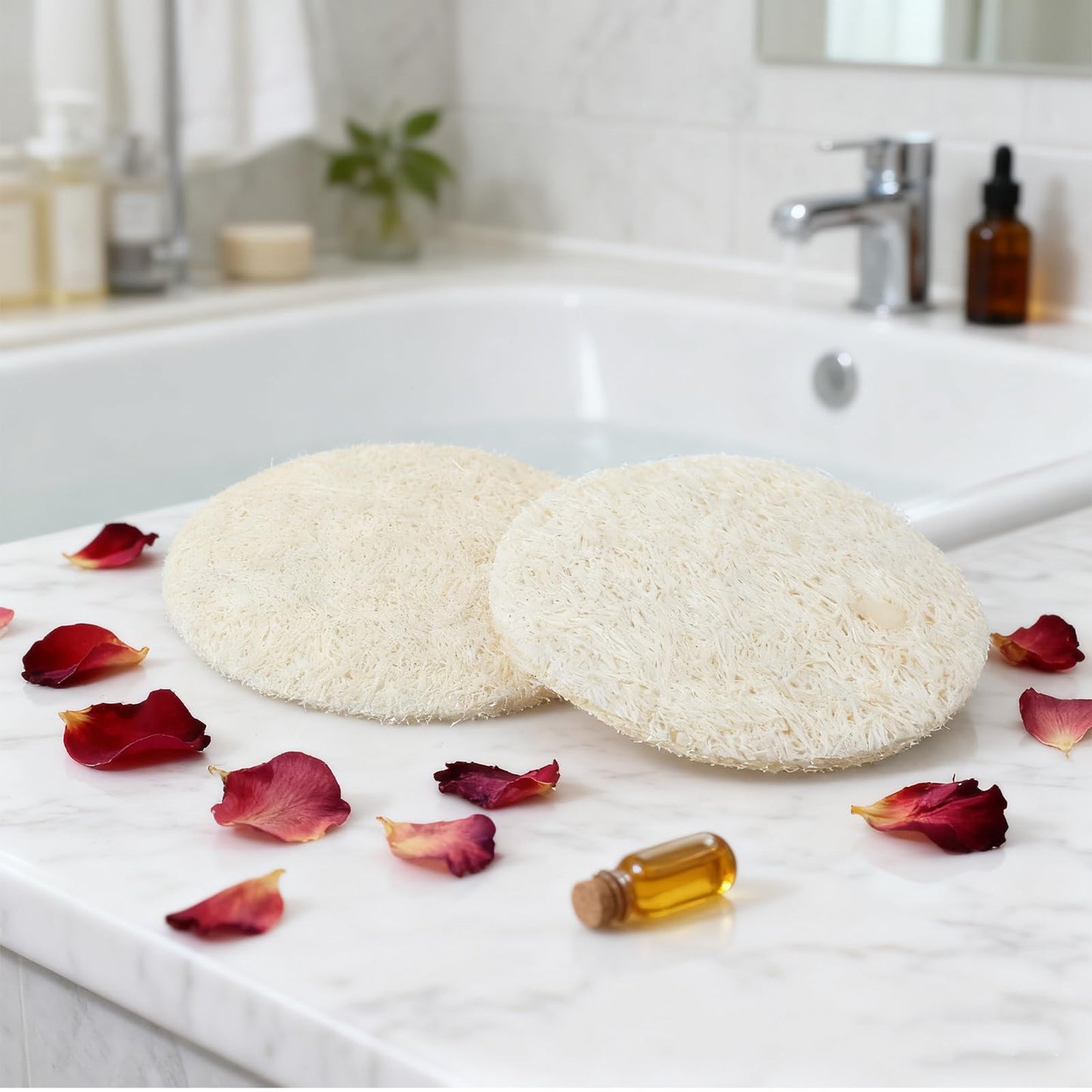 Nogeqi 30 Pcs Natural Loofah Sponge Pads, 2.36 Inch Exfoliating Body Facial Scrub Pads for Makeup & Dead Skin Masks Removal Washing Face, Exfoliator Scrub Brush for Men Women Bath Shower Spa