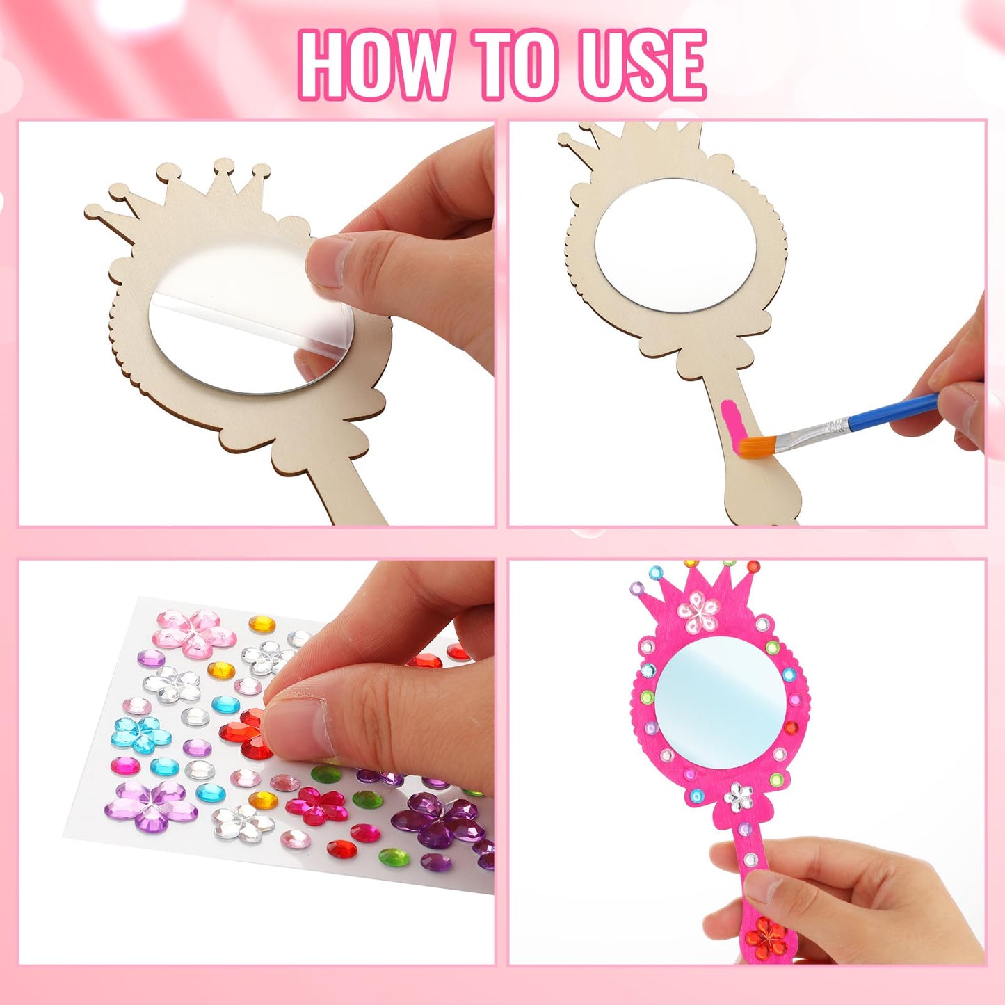 XJWWHZ 12 Pack Wooden Mirror Craft for Kids, DIY Princess Mirrors for Girls, Paint Wooden Hand Mirror for Art Activities