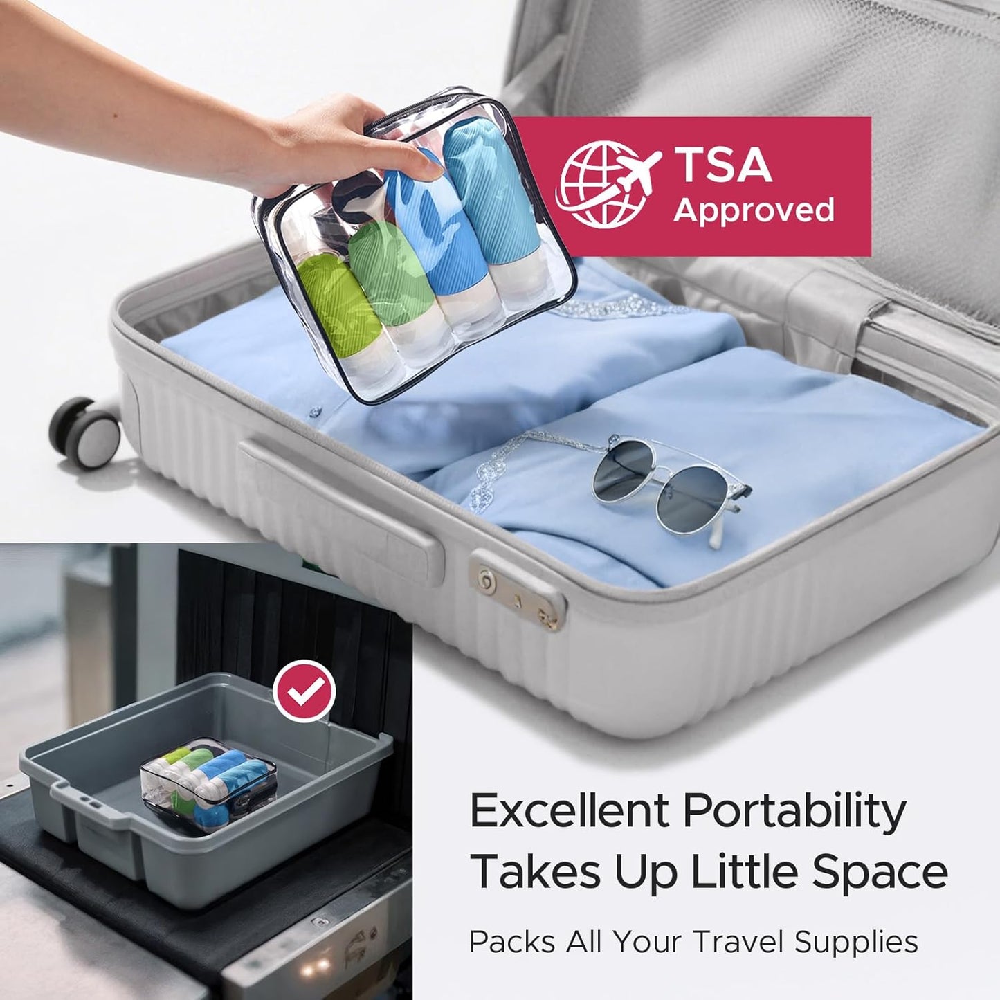 Travel Bottles Set - 23 Pack TSA Approved Leak Proof Containers | Silicone Squeezable Toiletry Kit in Clear Bag, Blue
