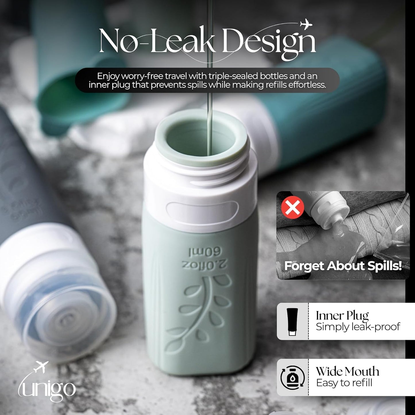 Unigo Travel Bottles Set - 30 Pack Leakproof Refillable Toiletry Containers | TSA Approved with Labels & Brushes
