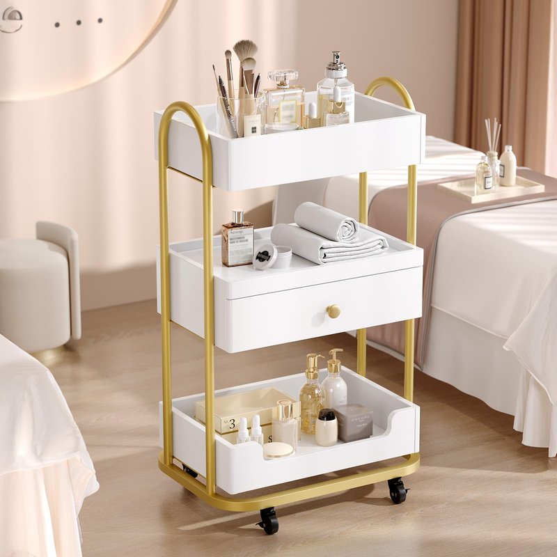 OmySalon Salon Trolley Cart, Hair Styling Station with 3 Trays & 1 Drawer, 2 Lockable Wheels, Esthetician Cart Mobile Storage Cabinet for Beauty Spa Barbershop, White