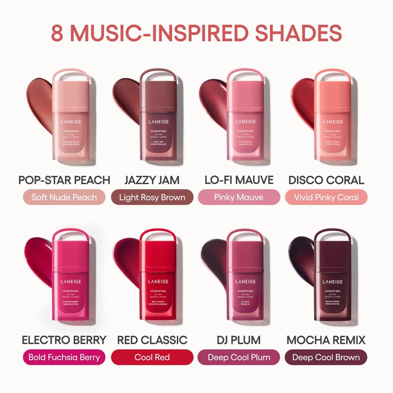 LANEIGE JuicePop Box Korean Lip Tint: Long-Lasting Hydrating Lightweight Tint, Buildable Juicy Color & Nourishing Shine, K-Beauty Lip Essential for Long-Lasting Comfort, Jazzy Jam