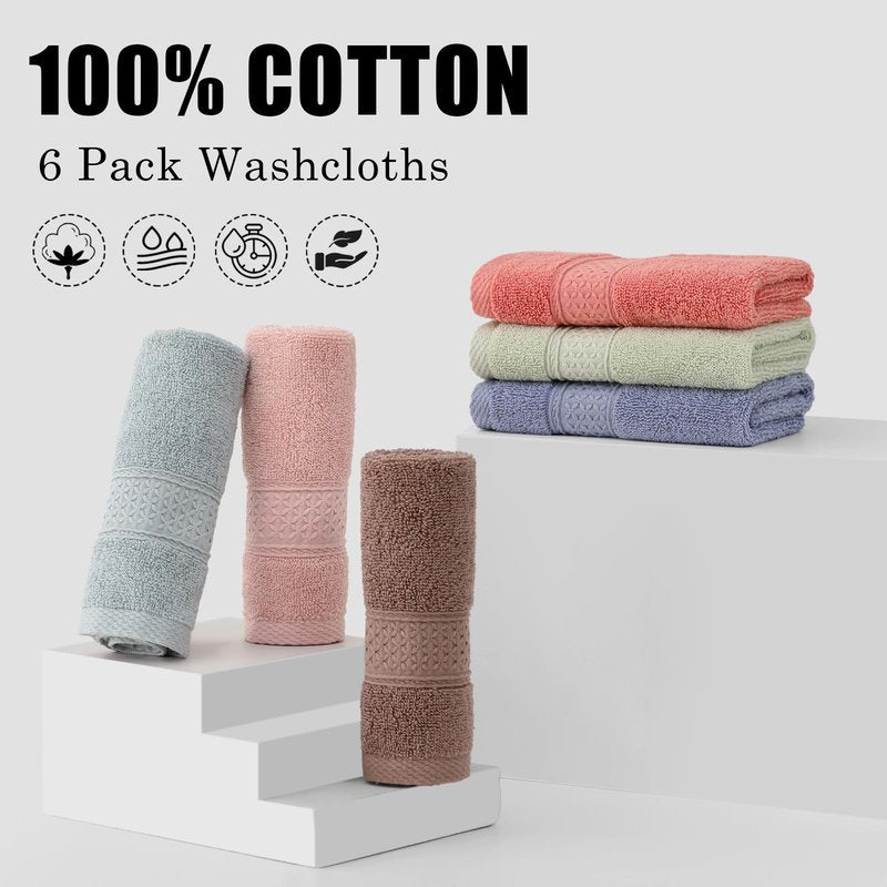 QAJ 6 Pack 100% Cotton Washcloths Set, Highly Absorbent and Soft Feel Fingertip Towels, 13 x 13 in Quick Dry Face Cloths