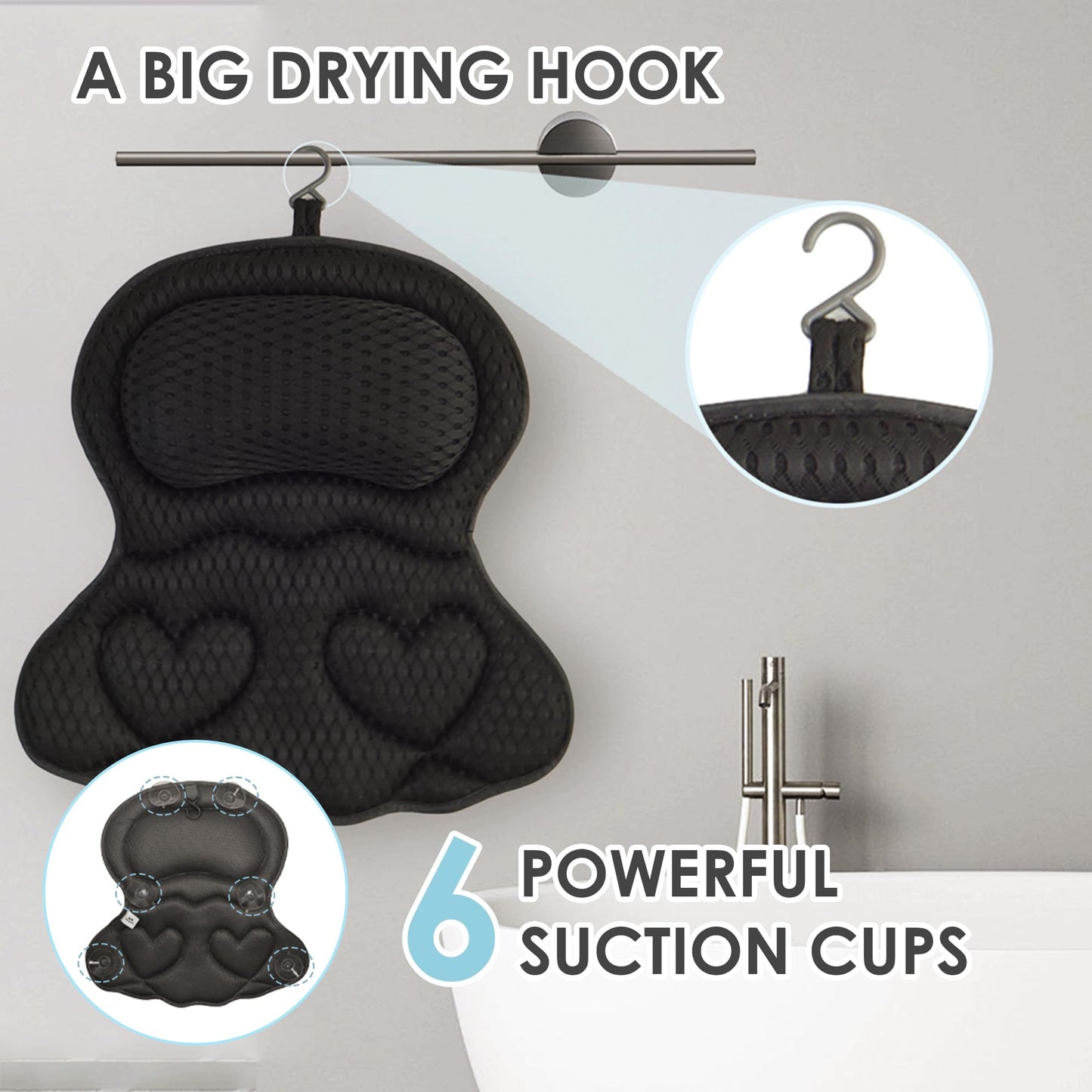 Bath Pillows for Tub Luxury, Bath Pillow for Head and Neck, Fit Bathtub Hot Tub Relaxing Gifts for Women, Comfort 4D Air Mesh Fabric & 6 Non-Slip Suction Cups (Gray)