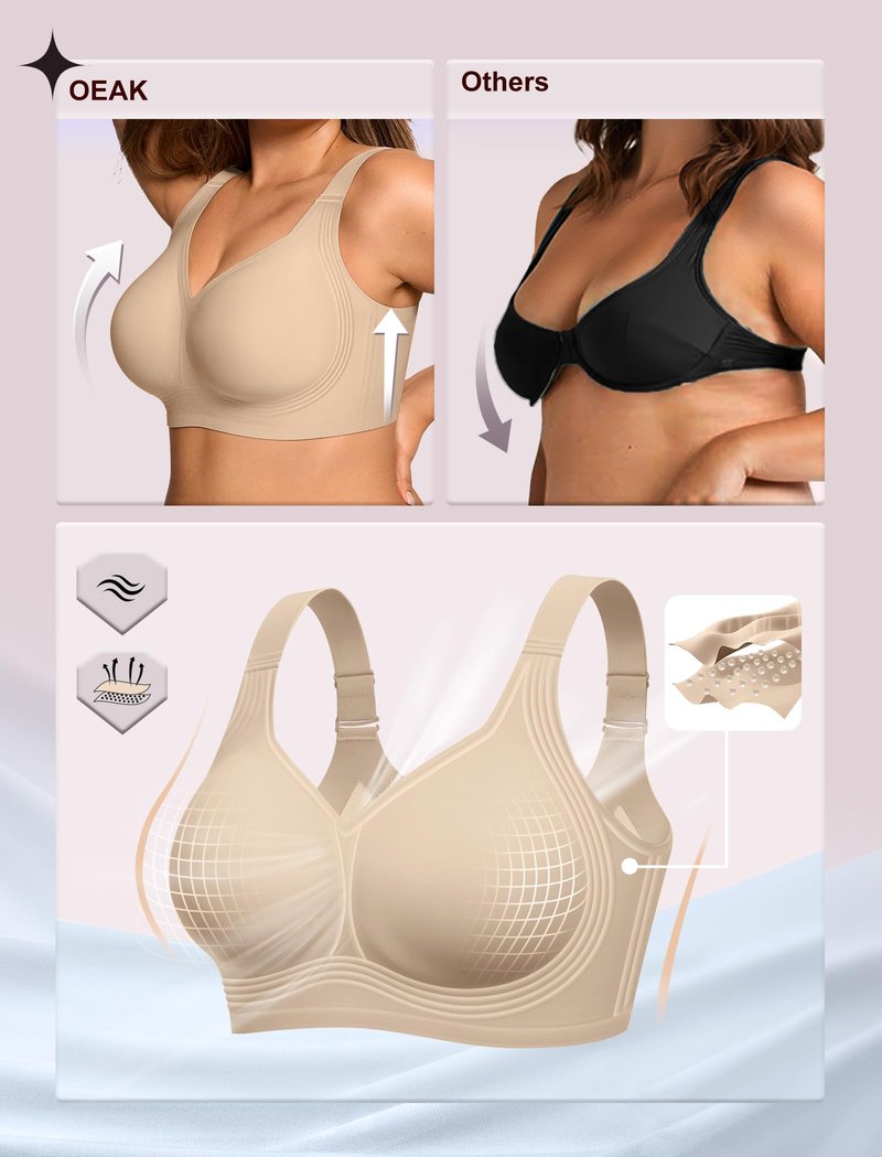OEAK Womens Wireless Jelly Bra Plus Size Supportive Seamless Bras Full Coverage Push Up Comfortable No Underwire Tshirt Bras Creamy Beige XL