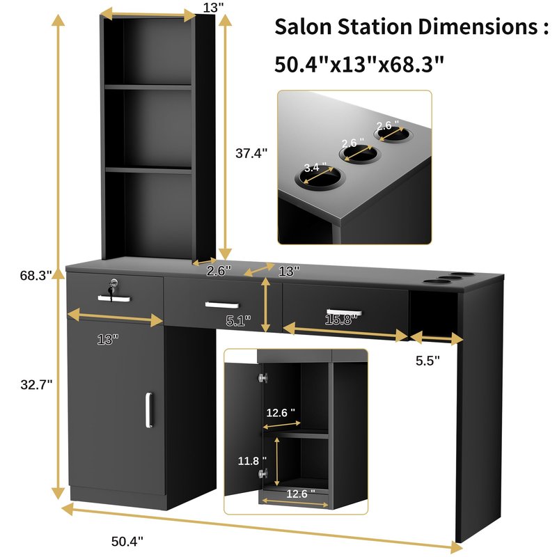 Barber Salon Station for Hair Stylist, Salon Wall Mount Station with Barber Cabinet and Barber Desk, Hair Salon Stations Equipment with Holders, Drawers, Beauty Station Without Mirror