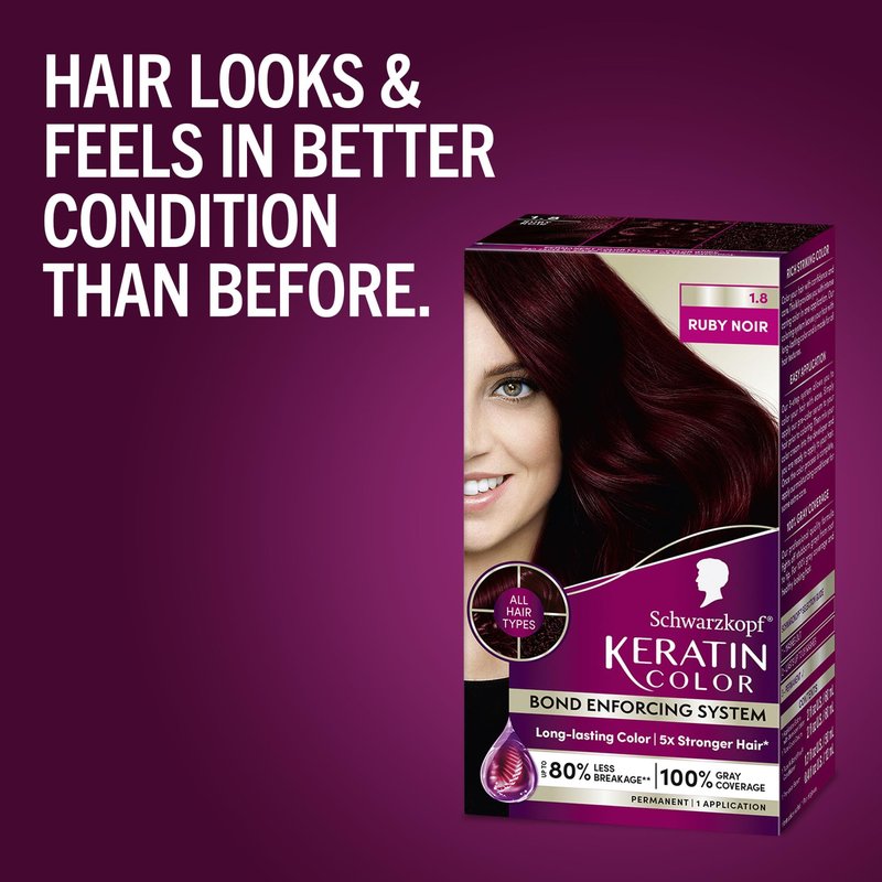Schwarzkopf Keratin Color Permanent Hair Color, 1.8 Ruby Noir, 1 Application - Professionally Inspired Permanent Hair Dye, for up to 80% Less Breakage vs Untreated Hair and up to 100% Gray Coverage