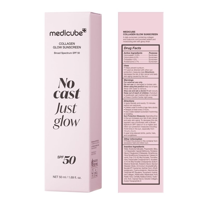 medicube No Cast Just Glow Collagen Sunscreen | SPF 50 Broad Spectrum Face Sunscreen | Lightweight, Non-Sticky, Hydrating Formula | Peptide, Cica for Soothing & Glow | Korean Skincare