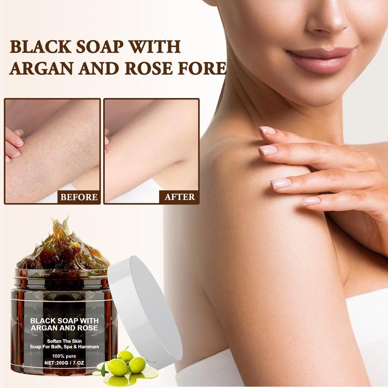 Morocco Black Soap with Argan and Rose, Morocco Black Beldi Bar Exfoliating Soaps, Moroccan Black Soap Hammam, Moroccos Body Scrub with Exfoliating Glove, 2 PCS