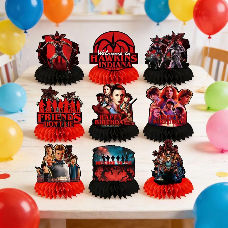 9Pcs Stranger Birthday Party Supplies, Honeycomb Centerpieces for Stranger Things Decorations, Double Sided Table Centerpieces