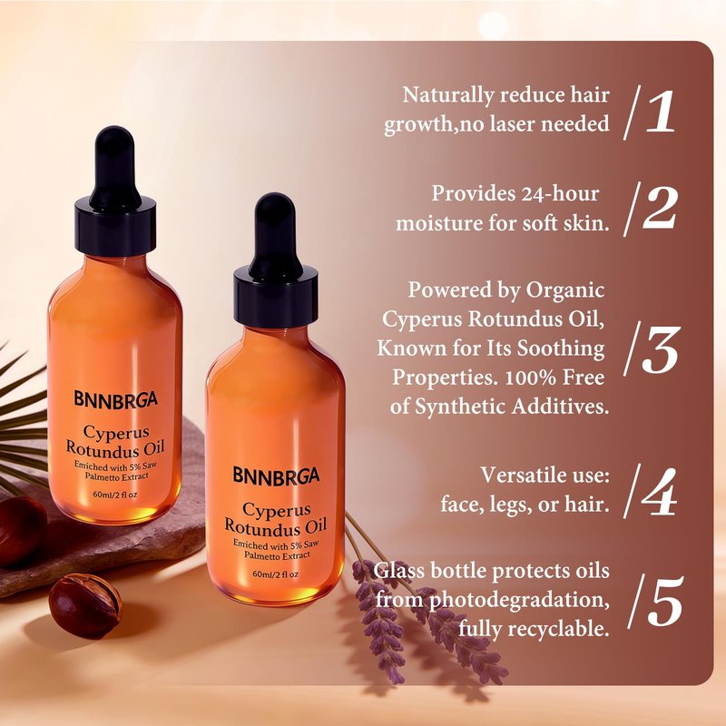 BNNBRGA Cyperus Rotundus Oil for Hair Removal – 5% Saw Palmetto Extract, Pure & Natural Hair Reduction Serum, Helps Slow Regrowth on Face & Body, Soothing & Moisturizing for All Skin Types, 60ml