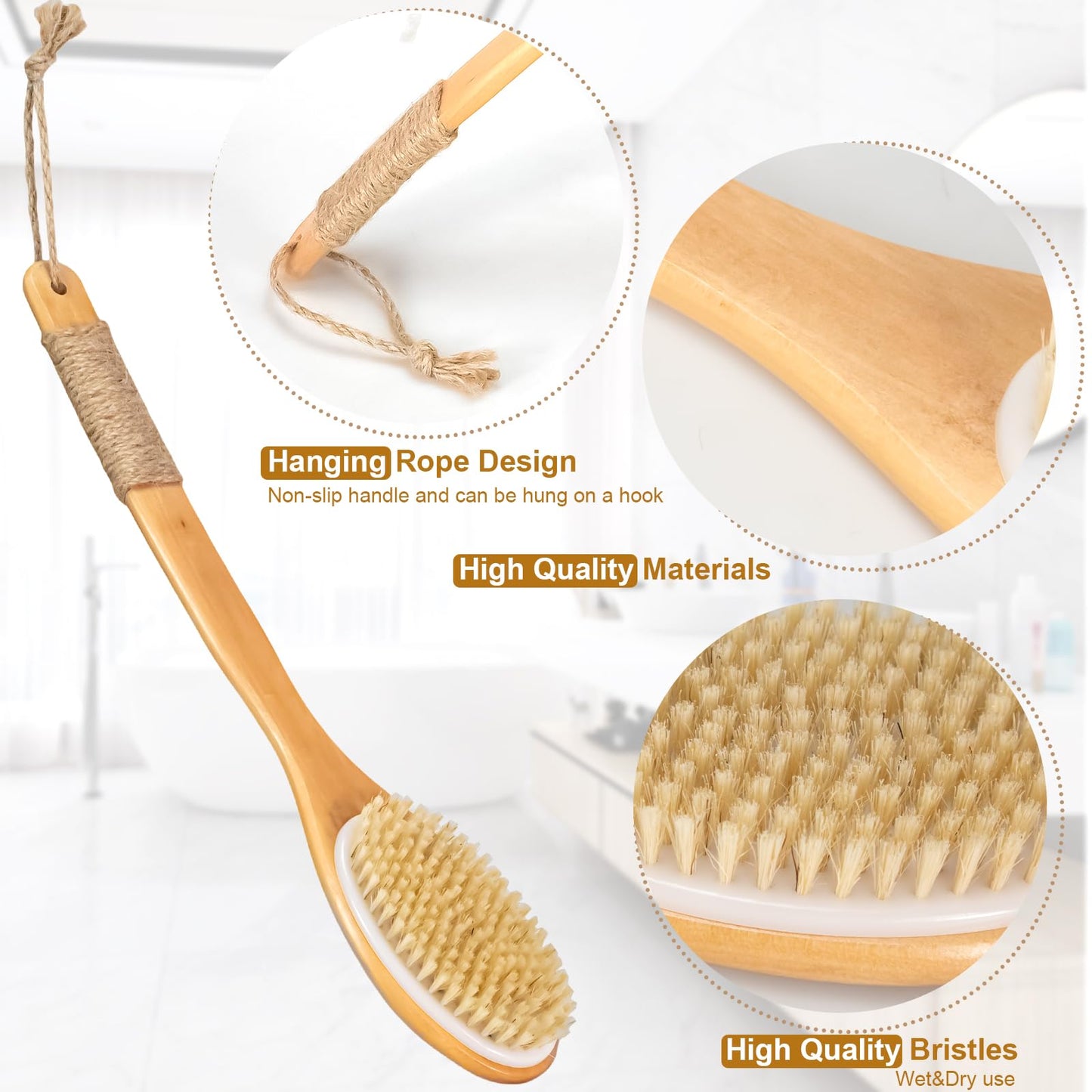 16.5 Inches Back Scrubber for Shower with Curved Long Handle,Wet&Dry Brushing Body Brush,Natural Bristles,Back Scrubber Bath Tool for Men & Women