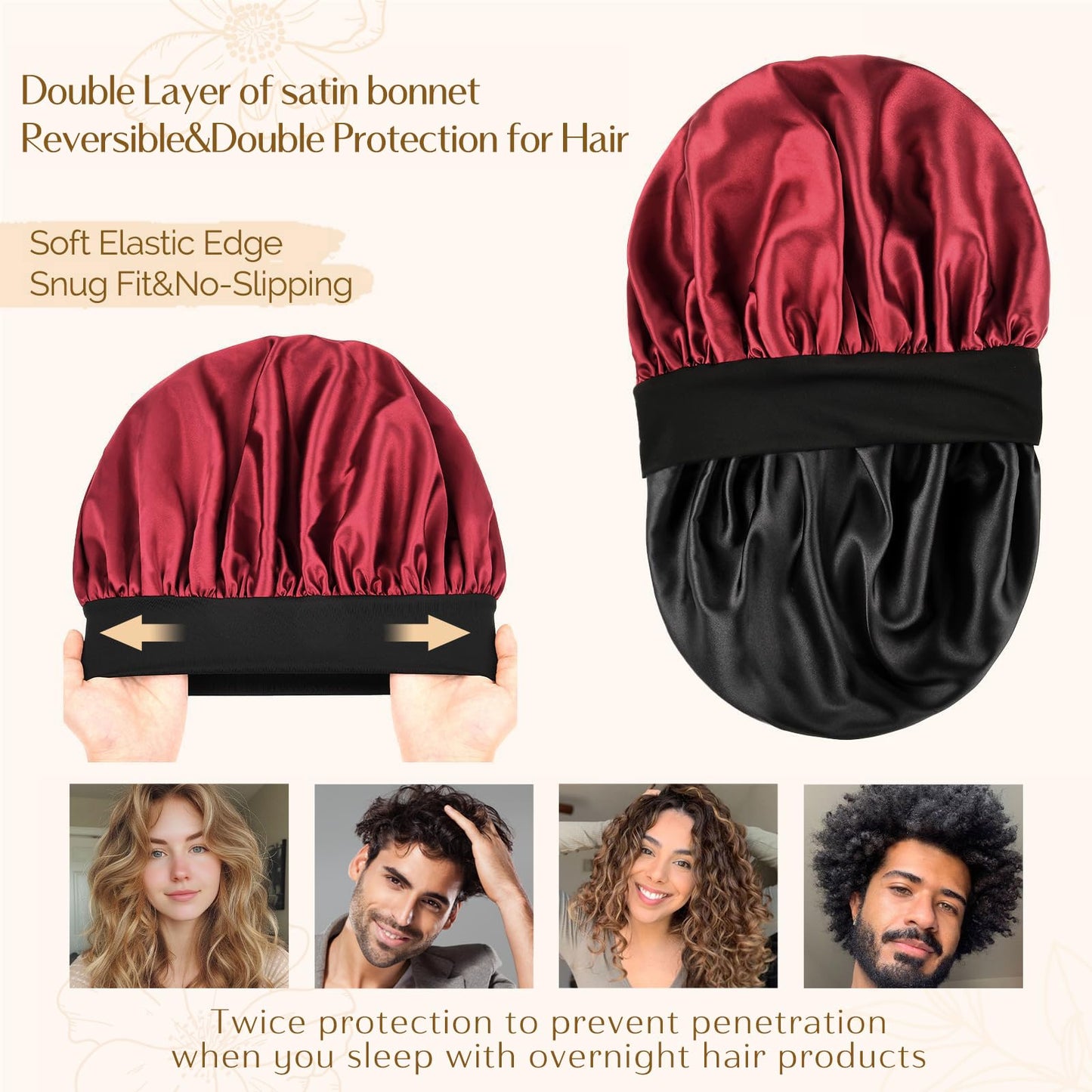 YANIBEST Silk Bonnet for Men Women Hair Bonnet for Sleeping Double Layer Satin Bonnet for Natural Curly Hair Unisex Sleep Cap, Wine Red