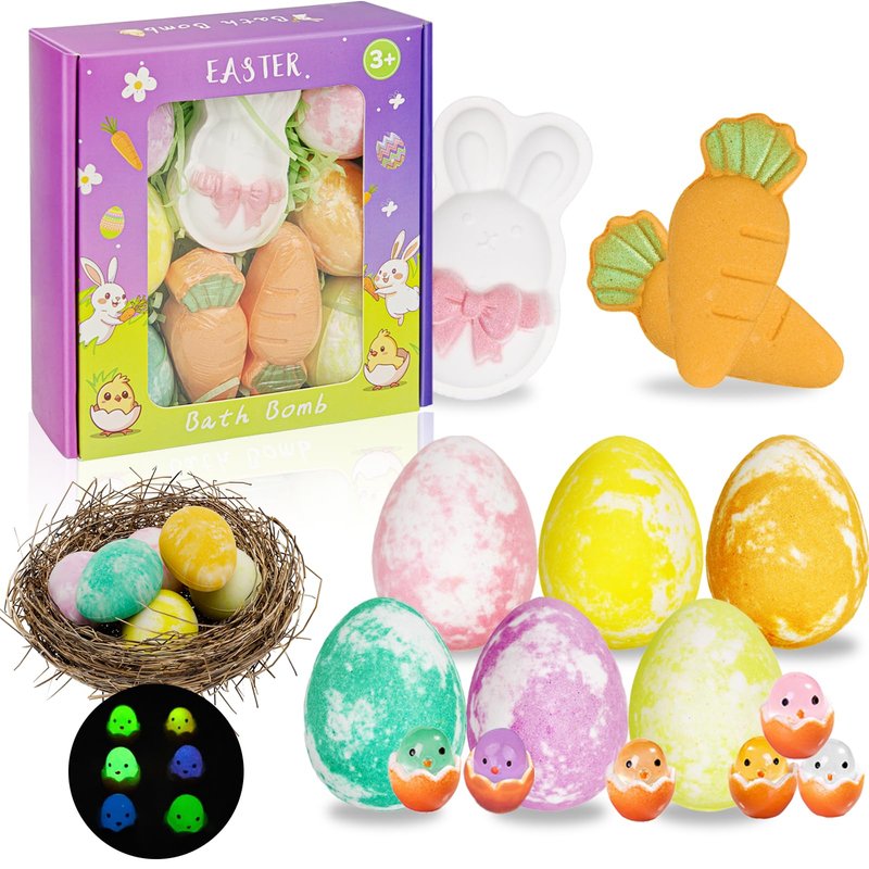 Easter Bath Bombs with Surprise Inside: 9 Pcs Natural Organic Egg Bunny Shaped Basket Stuffers for Kids Girls Boys Bubble Bathbombs Fruit Scented Spa Birthday Gift Set Party Favors Children Prize