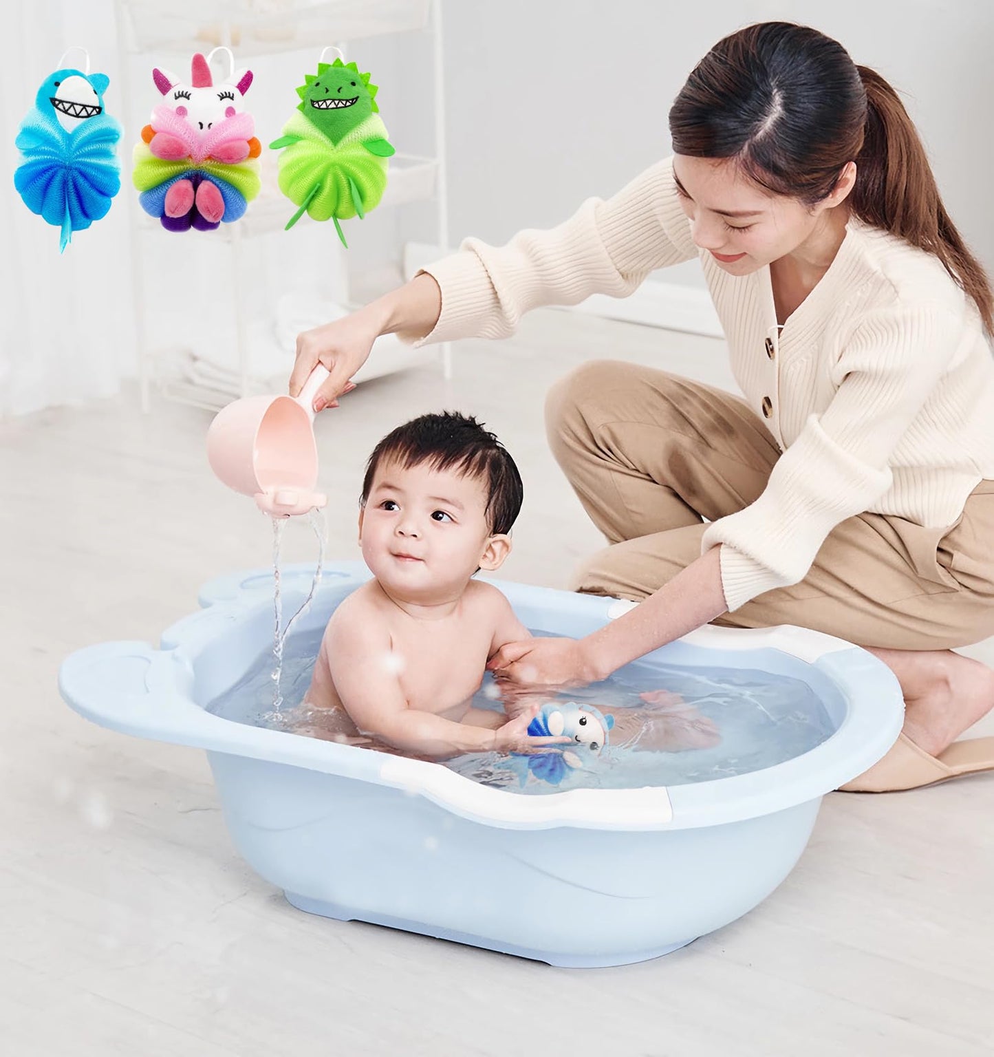 MURRI&MURRDI 3 Pack Kids Cartoon Bath Sponges - Cute Animal Shower Poufs for Toddlers, Gentle Exfoliating Body Scrubber & Mesh Loofah Gift Set for Boys Girls