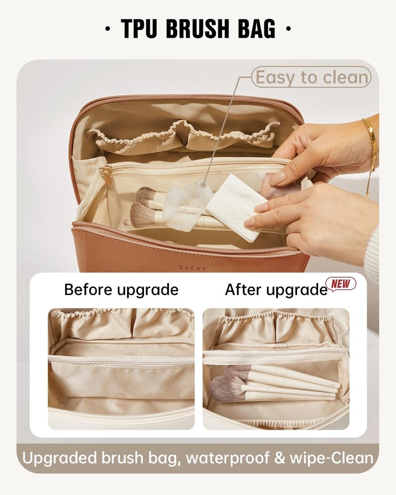 EACHY Travel Makeup Bag, Satin Portable Compartment Toiletry Bags for Traveling Women, Large Capacity Cosmetic Bag with Handle & Compartments