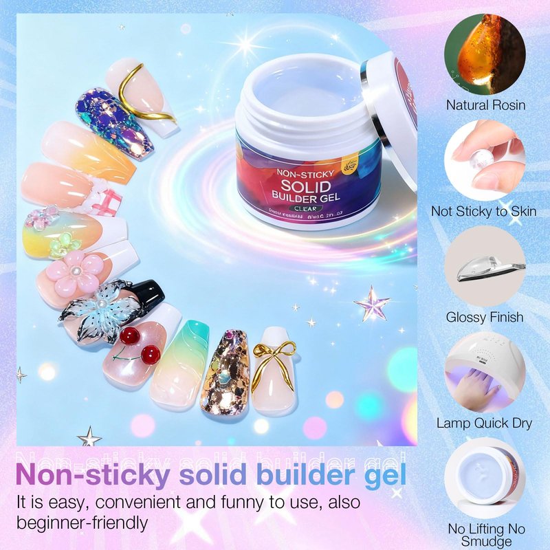 GELLAKTIK All-in-One Solid Builder Nail Gel Kit: 60g Hard Gel with 3D Mold, 6-Color Powders & Nail Art Tools (Nail File, Cuticle Pusher, Pen), Non-Sticky for Nail Extension, DIY Salon, UV/LED Cured