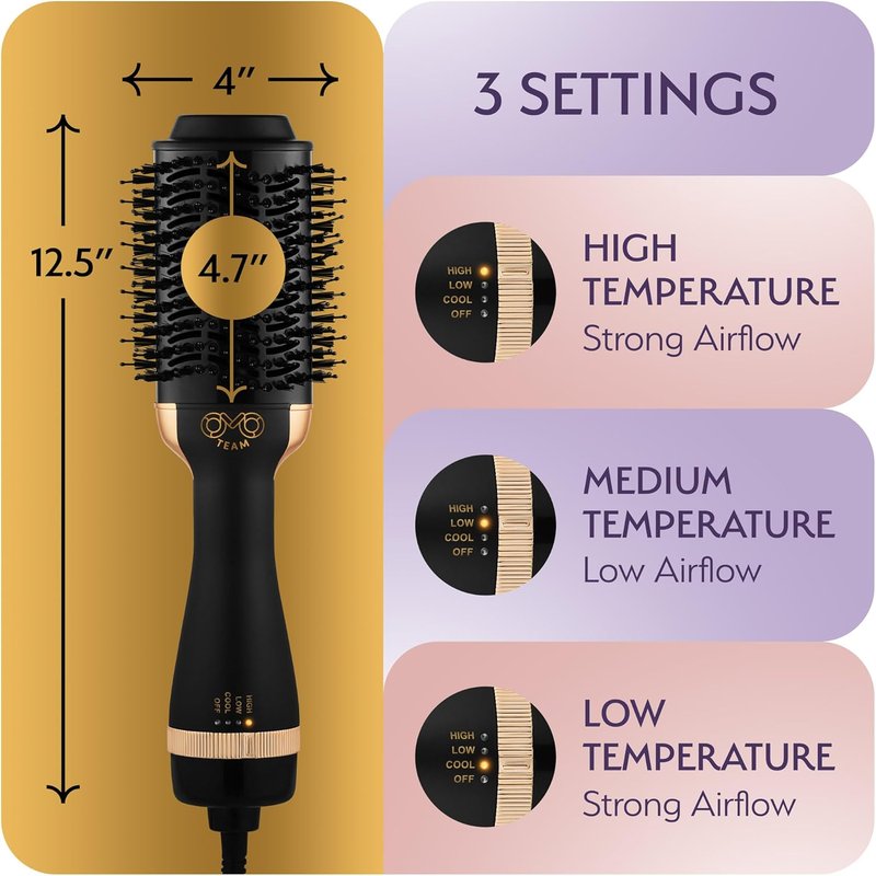 Professional Blowout Hair Dryer Brush - 75MM Oval Hot Air Volumizer for Women | Black Gold Finish