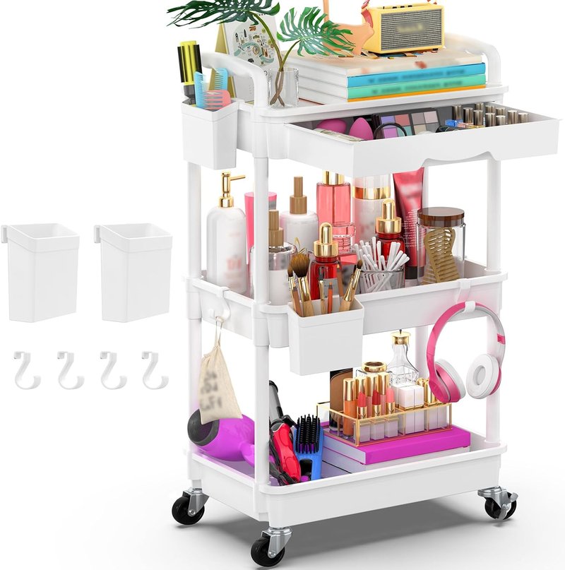 Goovilla 3-Tier Rolling Utility Cart - Sturdy White Organizer with Removable Drawer & Lockable Wheels