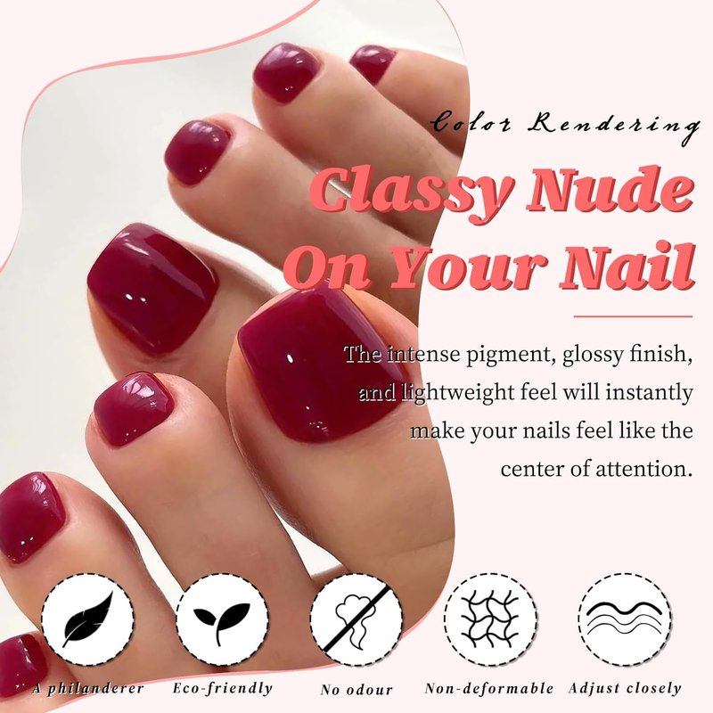 Skiennix 168pc Press-On Toenails - Berry Red Short Square Acrylic Tips for Effortless Style