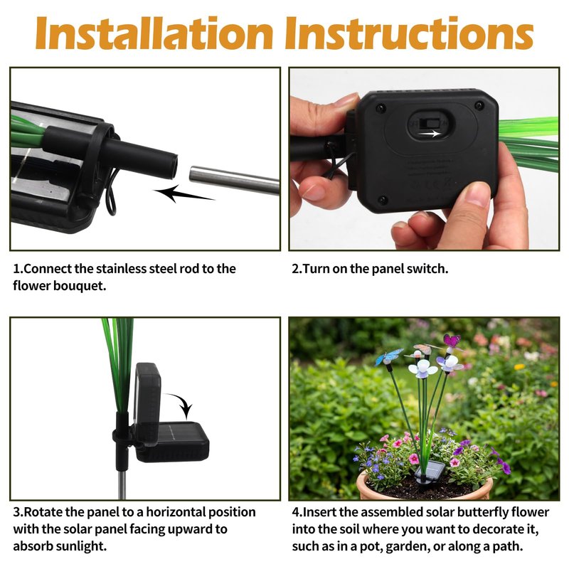 Hoikwo Solar Garden Flower Lights 4 Pack, Swaying Butterfly Flower Stakes Outdoor, Lifelike Butterflies and Flowers with 6 LED Warm Lights, Solar Lights Decor for Yard, Patio, Garden, Pathway