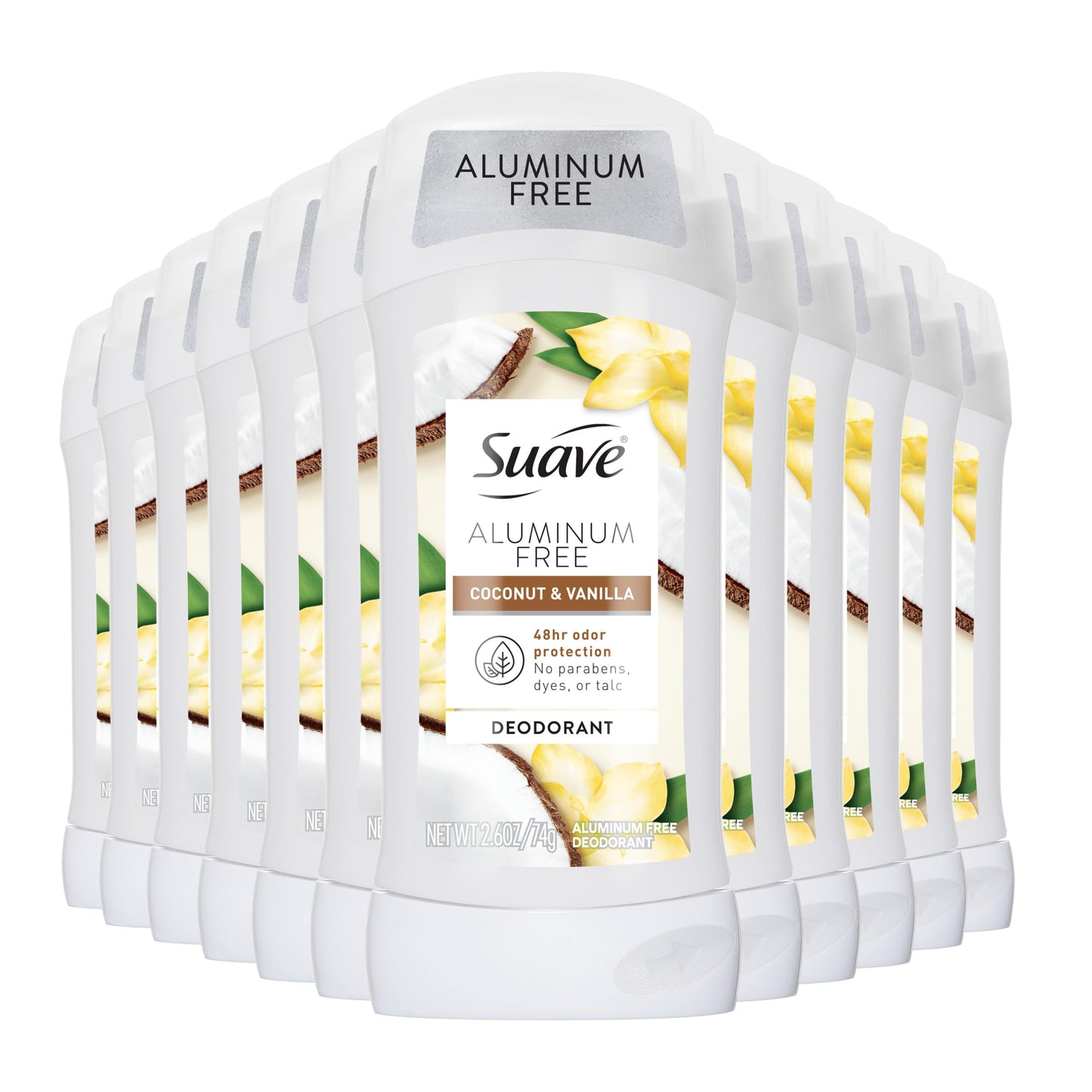 Suave Aluminum-Free Coconut & Vanilla Deodorant Stick for Women, 48HR Odor Protection, No Parabens, Dyes or Talc, 2.6 oz, (Pack of 12)