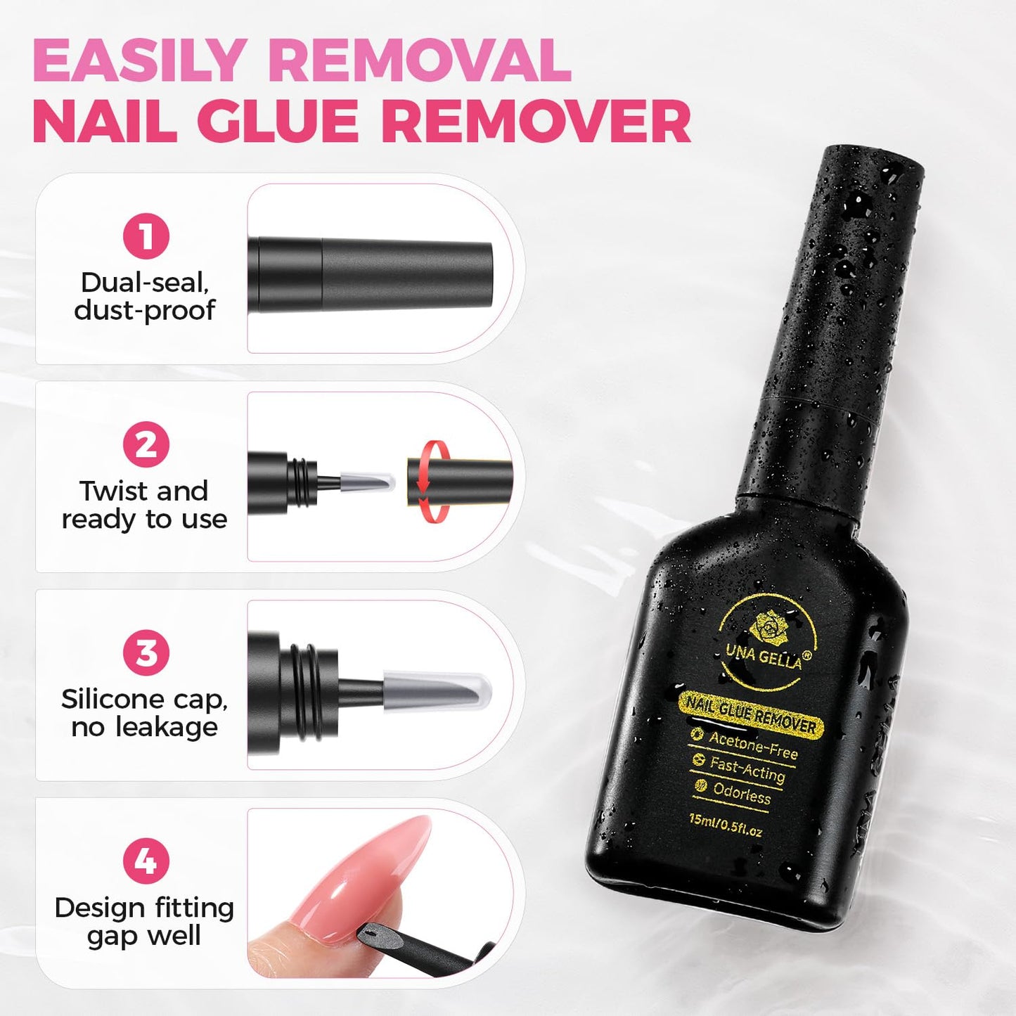 UNA GELLA Nail Glue Remover for Press on Nails 15ml Upgraded Stick & Remove 2 in 1 Acrylic Nails Remover for False Nails Tips Acetone-Free Gentle Gel Nail Remover, Not for Gel Polish Base Coat