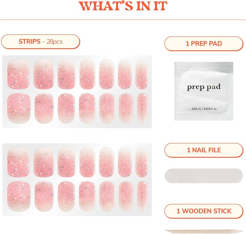 Heyhae Semi Cured Gel Nail Strips | No LED Lamp Needed | Pink, Glitter| Easy Apply & Remove, Salon Quality | Includes 28 Strips, 1 Prep Pads, Nail File & Wooden Stick - Hey, Glow On Babe