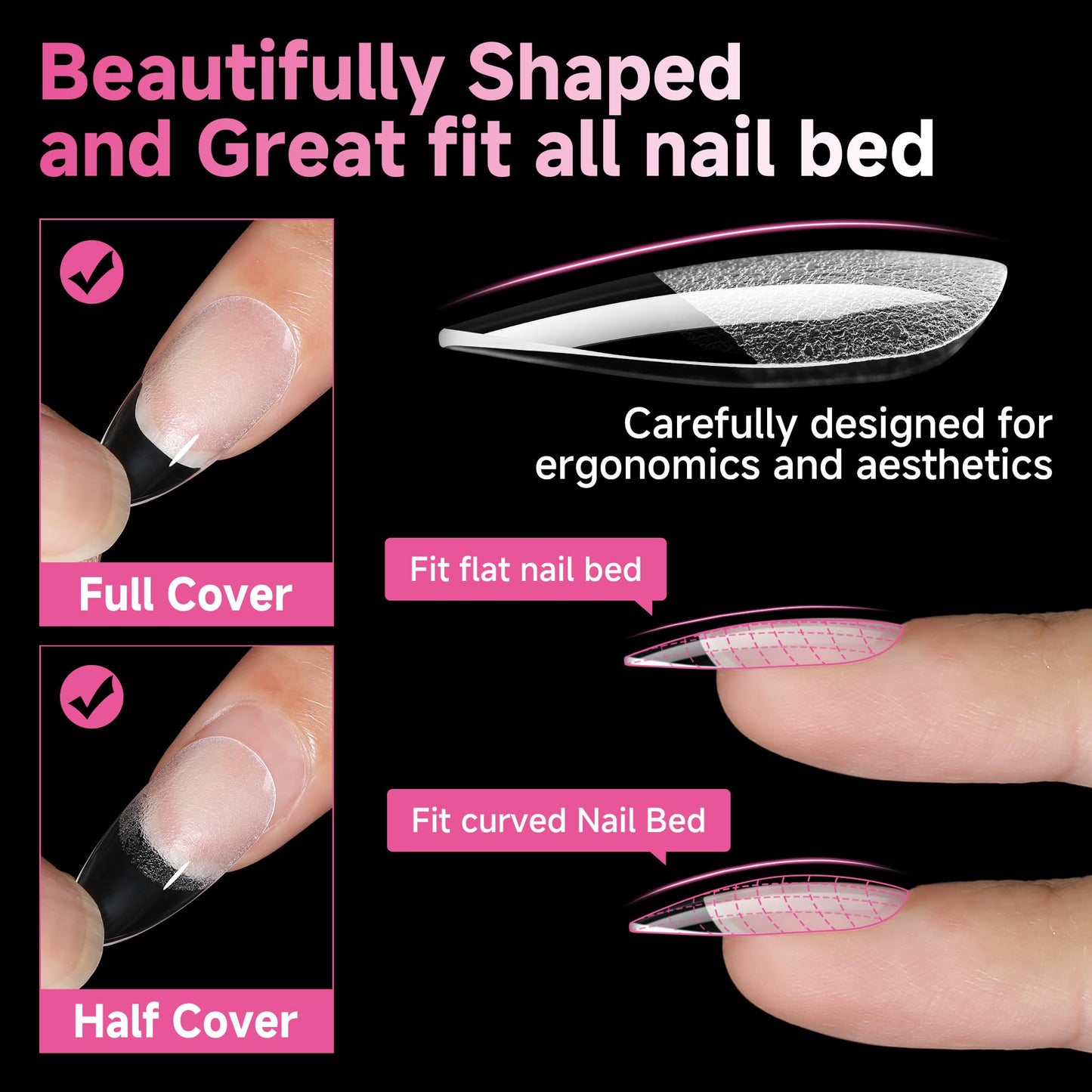 UNA GELLA Medium Almond Nail Tips, 312pcs Gel Nail Tips Almond Shape, Pre Etched Full Cover Clear Fake Acrylic Pointed Press On Nails No C Curve for Nails Extension Art DIY Salon 12 Sizes