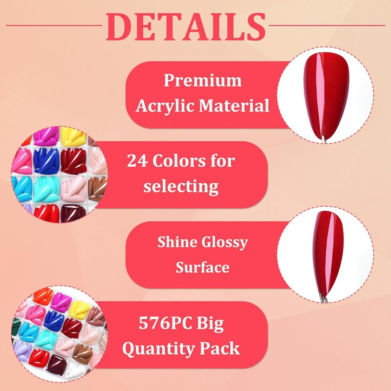 576pc Almond Press on Nails Medium Stiletto Fake Nails Press ons Acrylic Nail Press Nail Almond Glue Nails for Women, 24 Color Stick Nail Tip Artificial Fingernail Presson Nail with Glue&Tab