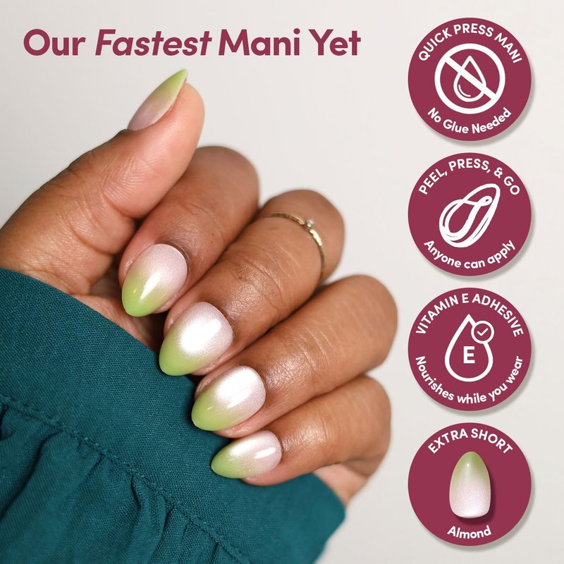 Glamnetic Quick Press Mani - Mess-Free Peel and Stick Almond Nails | Lime Beam, 15 Sizes, 30 Nail Kit