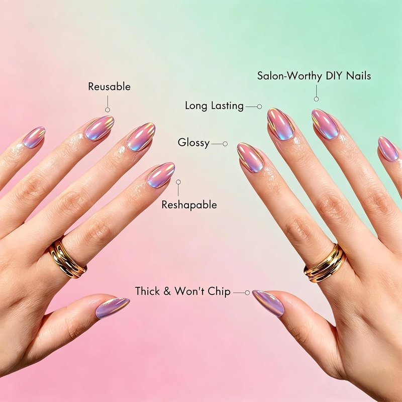 Bright Pink Chrome Press On Nails - Shiny Cat Eye Extra Short Almond | 32 Pcs Reusable Thick Glazed Kit in 16 Sizes