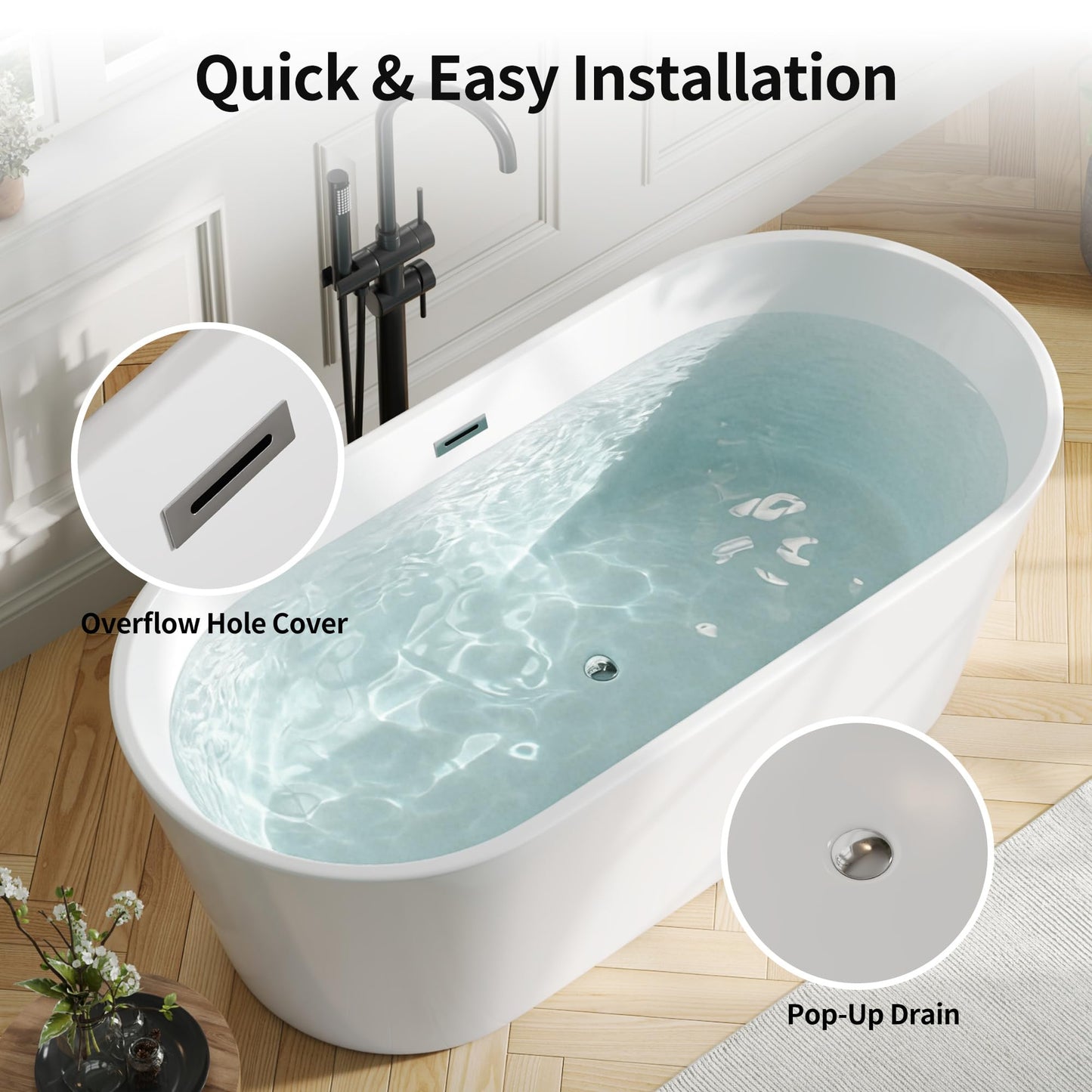 DeerValley 67" Acrylic Freestanding Bathtub, Deep Soaking Tub with Center Drain & Integrated Overflow, White Free Standing Tub, Stand alone Shower Tub with Ergonomic Design, DV-1T133S