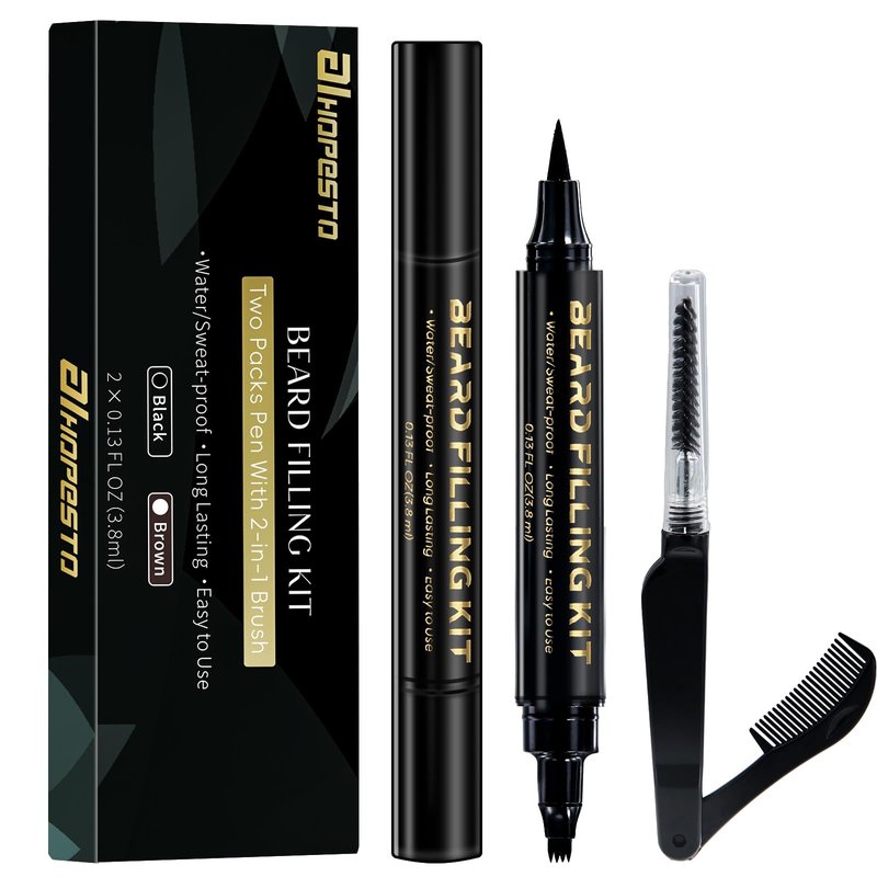 3 PCS Beard Pen Filler for Men - Black 4 Tip Pen for Natural Looking Appearance - 2 Fillers & 1 Double Head Brush - Waterproof Four Fork Eyebrow Pencil Eyeliner (Black)