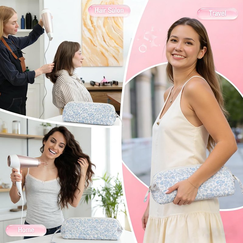Quilted Hair Tools Travel Bag Compatible with Dyson Hair Dryer Airwrap, Floral Hair Tools Bag Compatible with Shark Flex Style Case, Hair Dryer, Curling Iron, Dustproof Travel Storage Organizer (Blue)