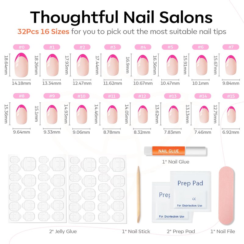 Modelones French Tip Press-On Nails - Reusable Short Oval Fake Nails Kit | 32 Pcs in Hot Pink, 16 Sizes