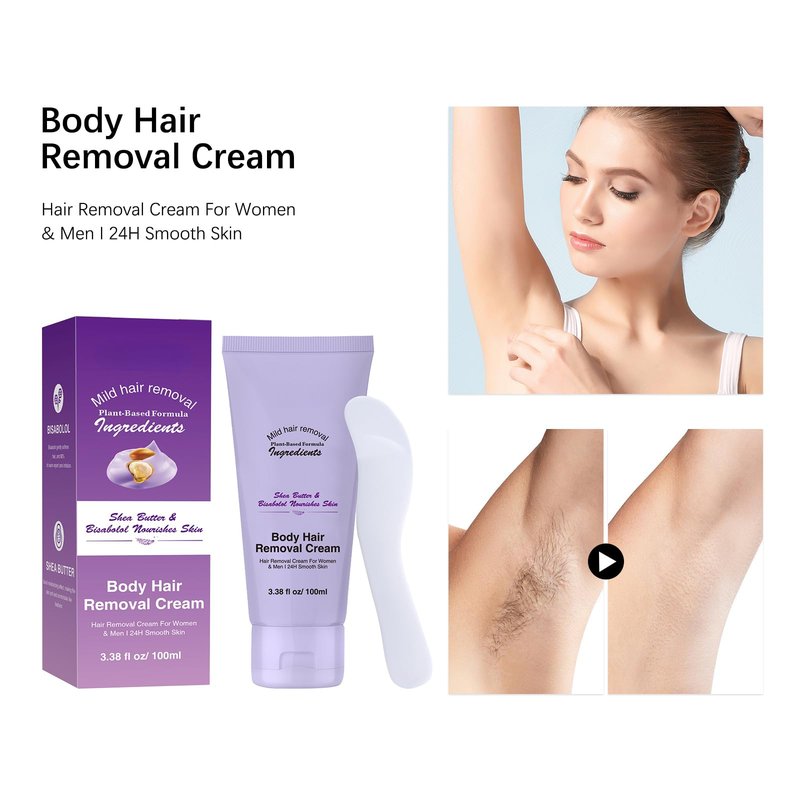 Hair Removal Cream for Women & Men, 100ml Gentle Formula with Shea Butter, Smooth Skin in Minutes, Painless Body Hair Remover for Legs, Arms, Underarms (1PC)
