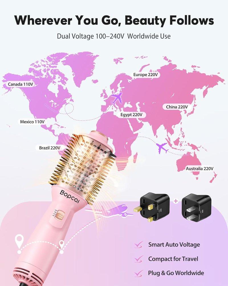 Bopcal 2" Travel Blow Dryer Brush - 4-in-1 Ionic Hot Air Brush for Volumizing, Straightening & Curling | Dual Voltage 100-240V
