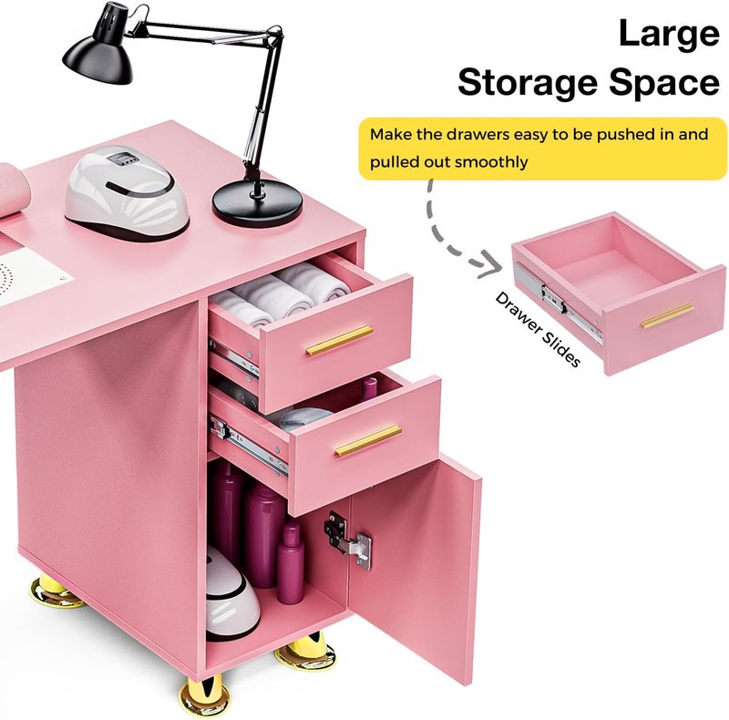 Manicure Table with Dust Collector, Modern Nail Station Nail Desk for Nail Tech with Wrist Rest, Storage Drawer & Cabinet, Beauty Salon Workstation, Pink