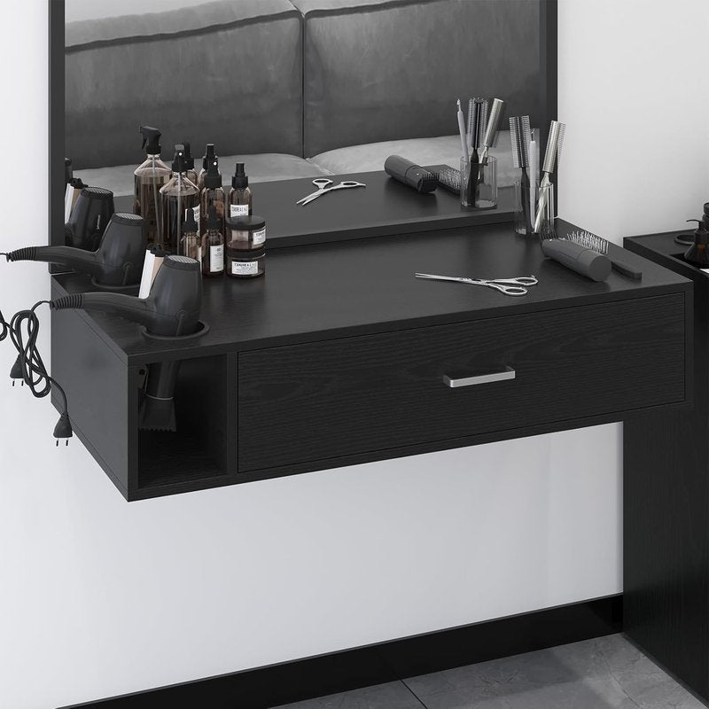 4ever2buy Wall Mount Salon Station, 36" Black Barber Station Organizer with Drawer and Shelves, Hair Salon Station with 3 Dryer Holders, Salon Station Wall Mount for Hair Stylist